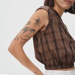 Everlane Cropped Blouson Top in Brown Plaid XS NWOT